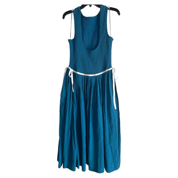 559. FREE PEOPLE Nightingale Seersucker Cotton Midi Dress in Seaside Combo Sz S - Picture 3 of 6